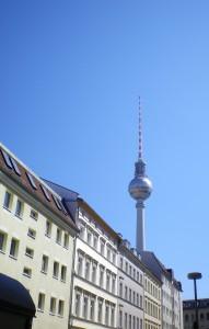 The Berlin satelite memorial towers over Berlin-Mitte